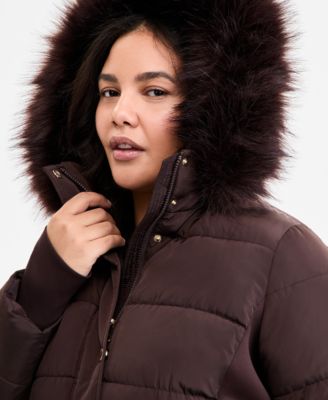 Plus Size Faux-Fur-Trim Hooded Puffer Coat, Exclusively at Macy's