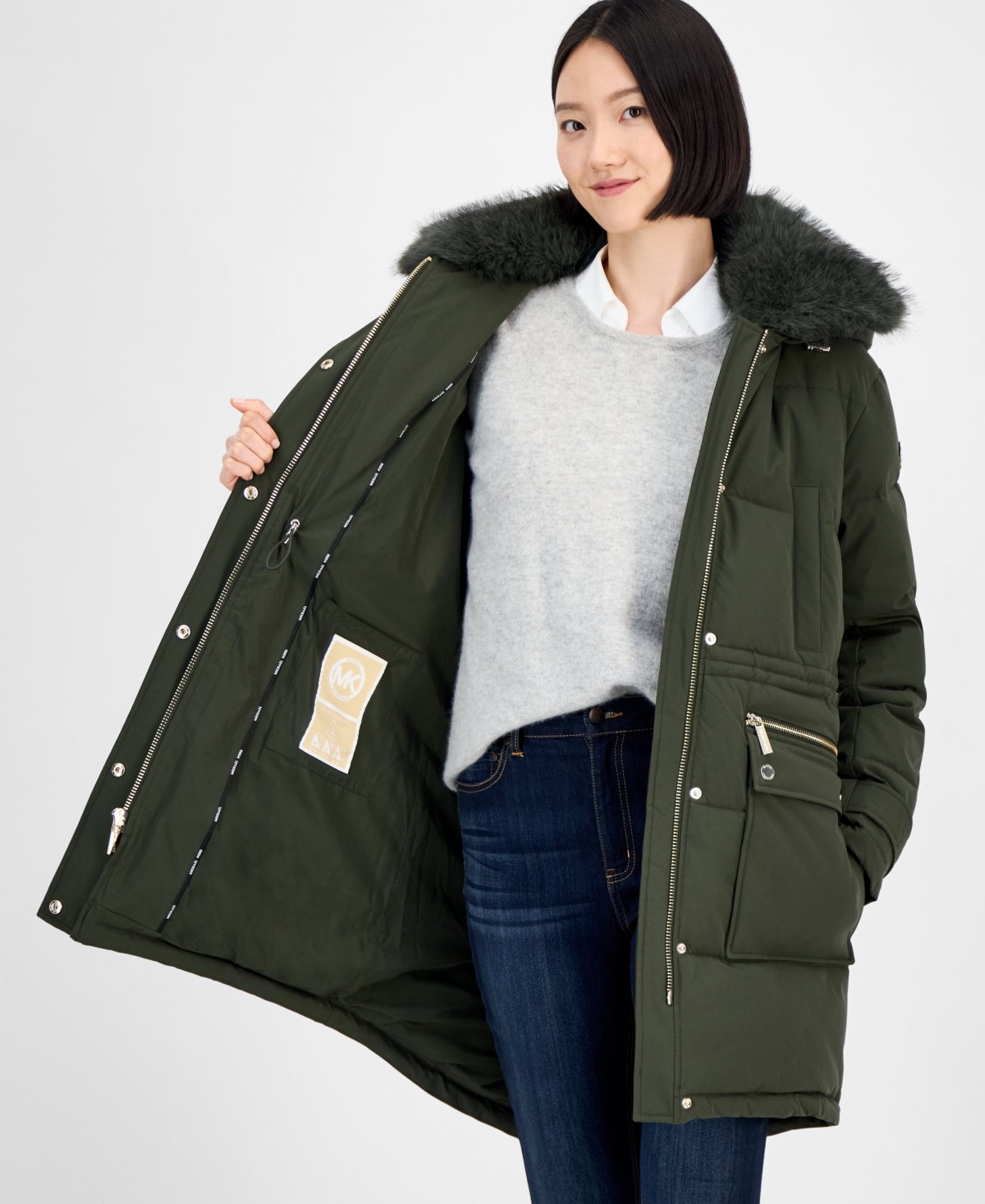 Michael Kors Michael  Women's Faux-fur-trim Hooded Puffer Coat In Green