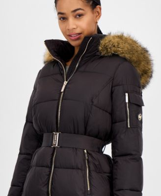 Women's Belted Hooded Faux-Fur-Trim Puffer Coat