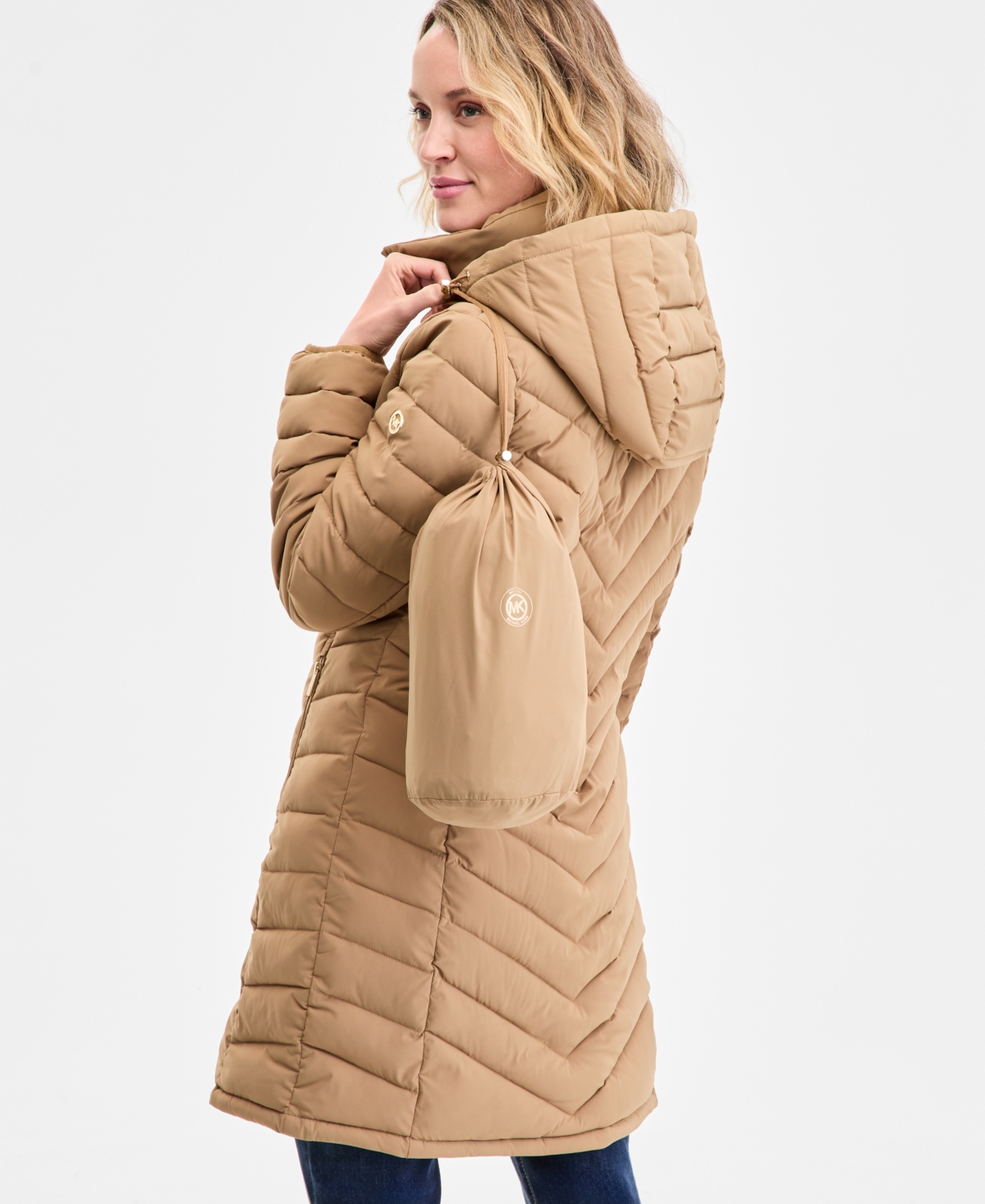 Michael Kors Michael  Petite Hooded Bibbed Puffer Coat In Brown