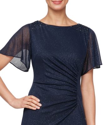 Petite Flutter-Sleeve Embellished Glitter Gown