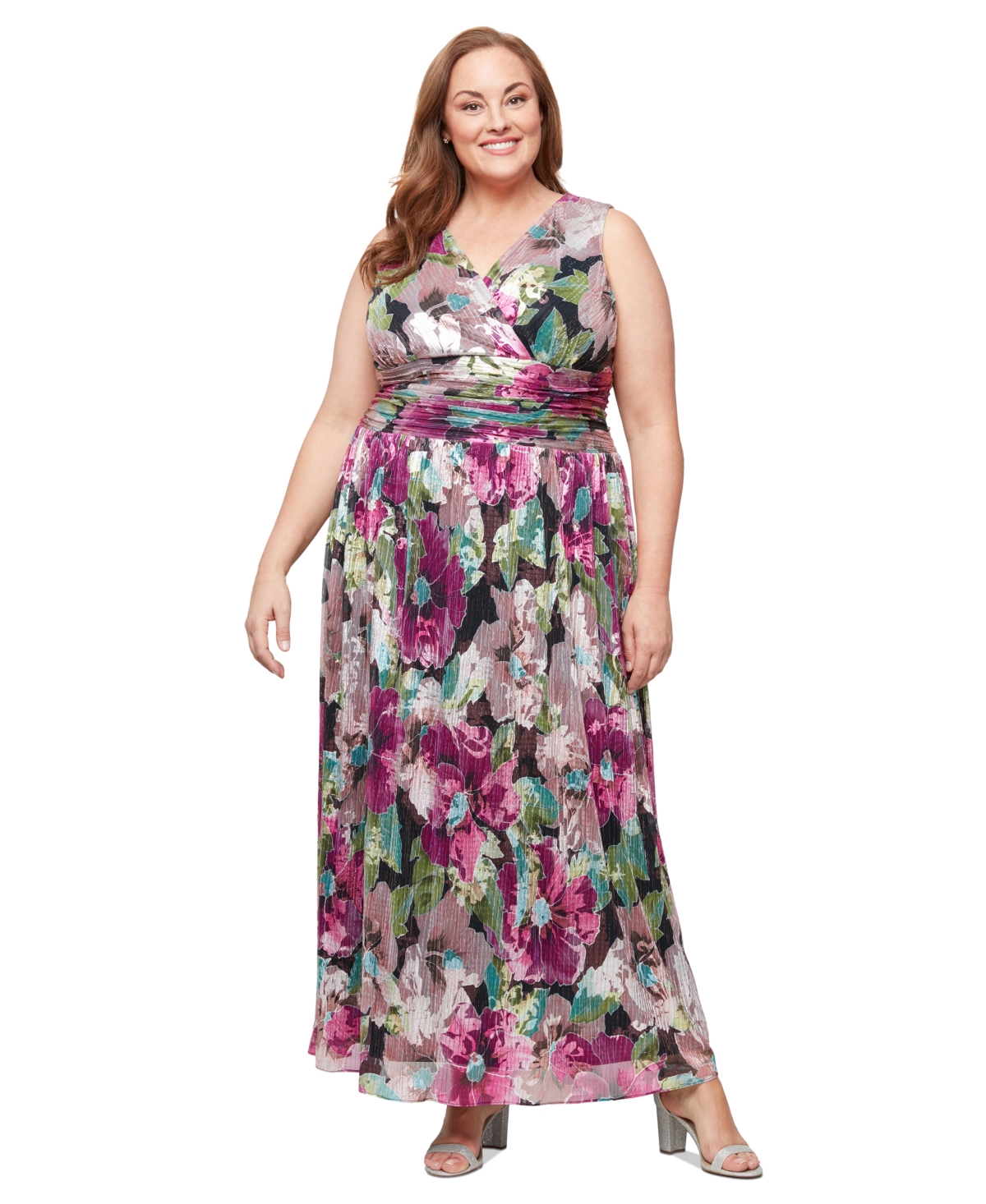 Plus Size Metallic Floral-Print Gown - Pink Multi