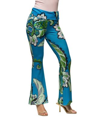 Women's Teal Paisley Print Bell Bottom Foldover Waist Pants