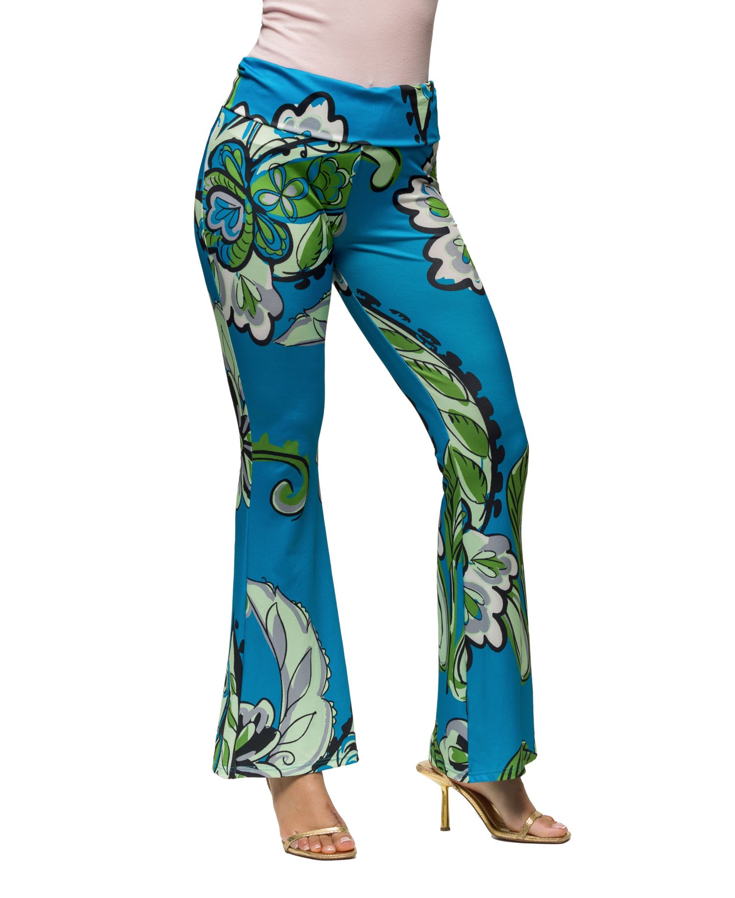 Women's Teal Paisley Print Bell Bottom Foldover Waist Pants