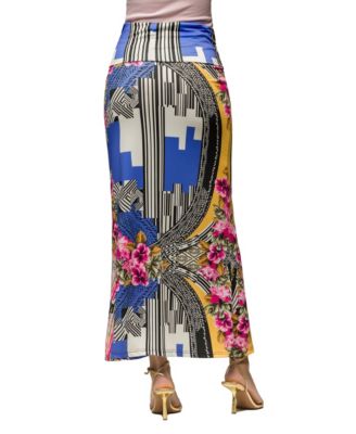 Women's Multicolor Floral Print Fold Over Waist Maxi Skirt