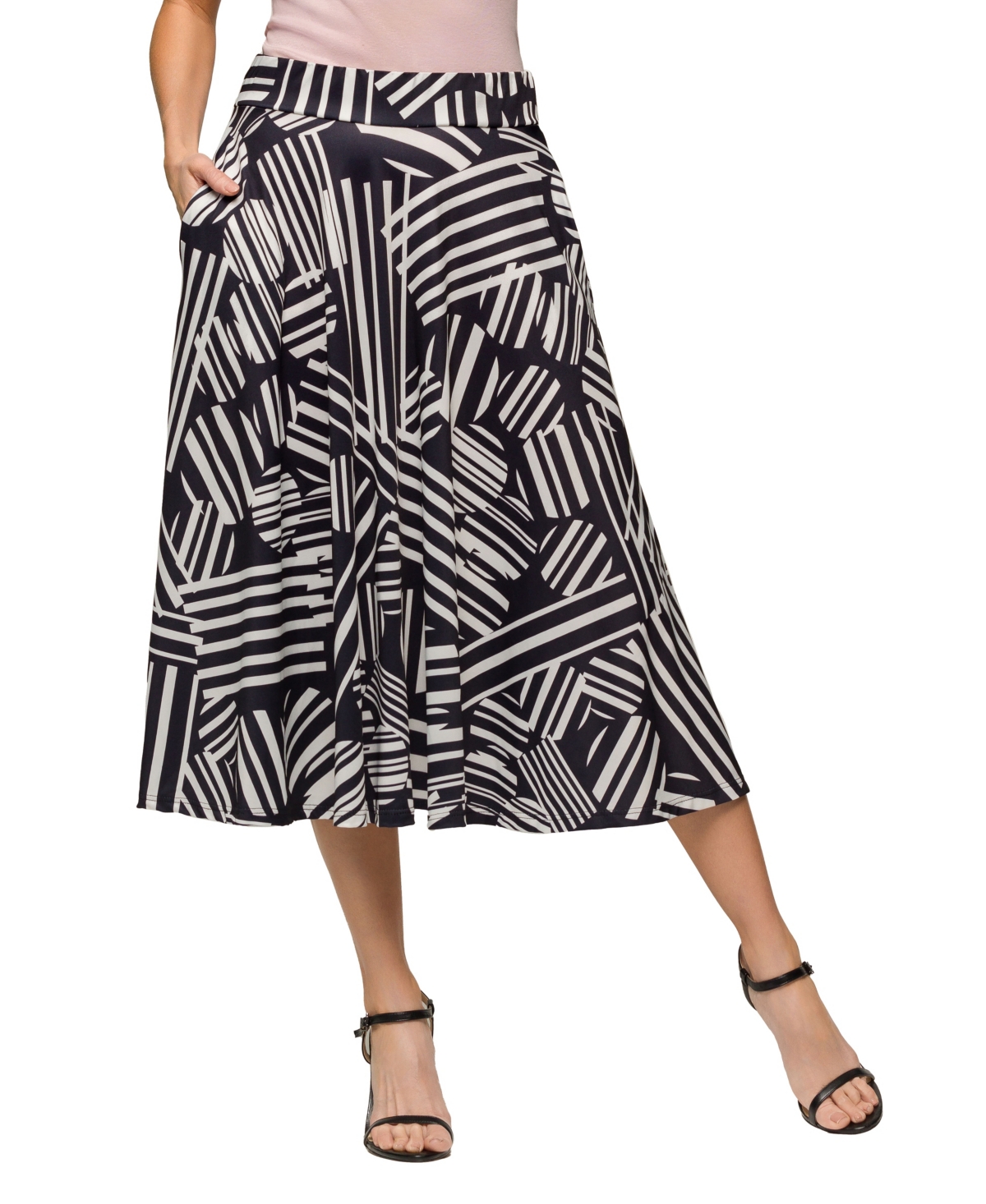 Women's Elastic Waist Pocket Midi Skirt - Black Multi