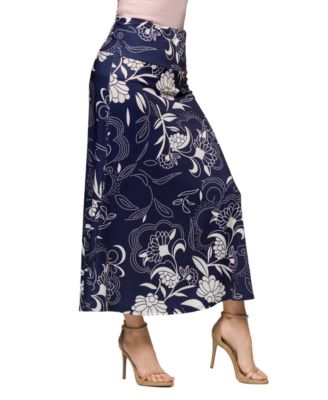 Women's Navy Floral Print Elastic Waist A Line Maxi Skirt