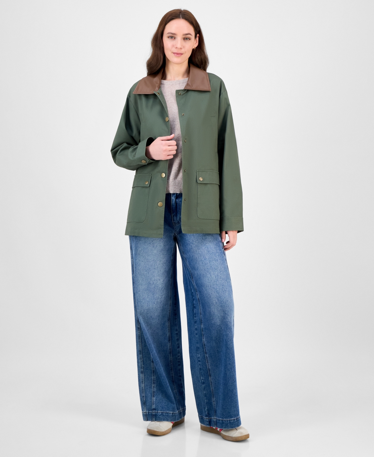Maralyn & Me Juniors' Contrast-collar Snap-front Barn Jacket, Exclusively At Macy's In Green