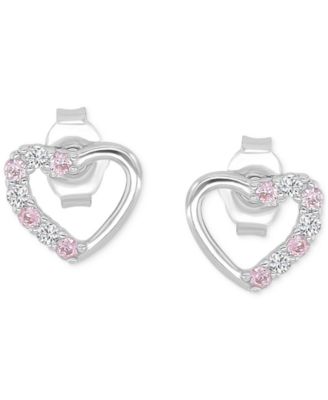 Pink Cubic Zirconia Heart Stud Earrings in 14k Rose Gold over Sterling Silver