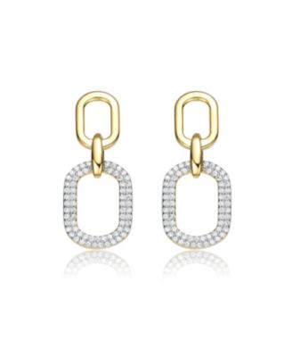14k Yellow Gold Plated with Cubic Zirconia Pave Geometric Oval Chain Dangle Earrings