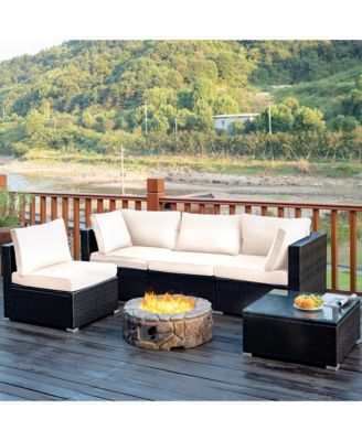 5PCS Patio Rattan Furniture Set Cushioned Sofa Chair Coffee Table