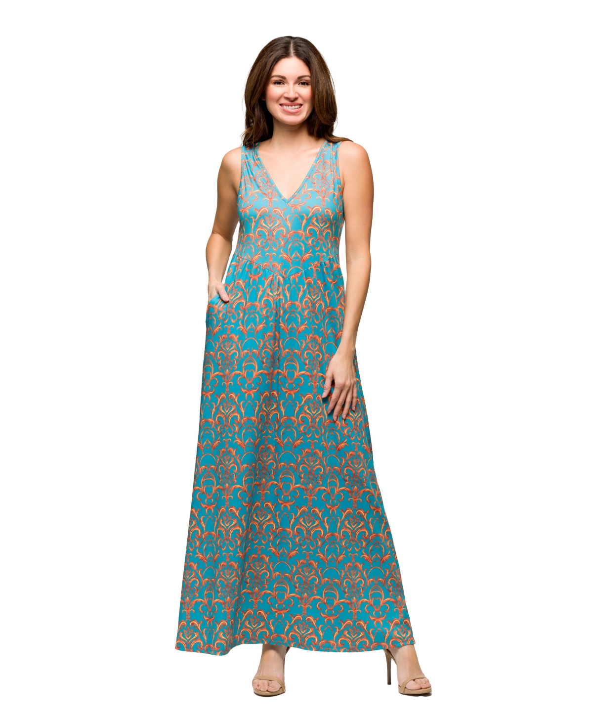 Women's Sky Blue Sleeveless V Neck Maxi Dress with Pockets - Blue Multi