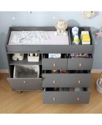 Diaper Table with 4 Drawers, Baby Changing Station with Storage Compartments