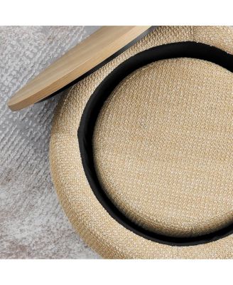 2 in 1 Round Storage Ottoman with Hidden Stool and Wood Top Rattan Fabric Coffee Table for Living Room Bedroom No Assembly Needed-The Pop Home