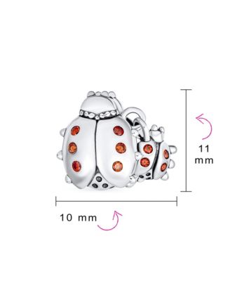 Set of 2 Insect Garden Ladybugs Red CZ Dangle Charm Bead Enamel Sterling Silver