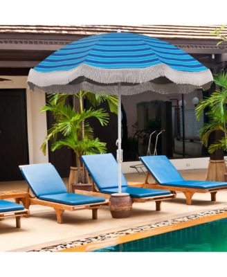 6.5 FT Beach Umbrella w/ Fringe Tassel Umbrella w/ Push Button Tilt Sand Anchor