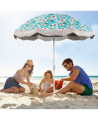 6.5 FT Beach Umbrella w/ Fringe Tassel Umbrella w/ Push Button Tilt Sand Anchor
