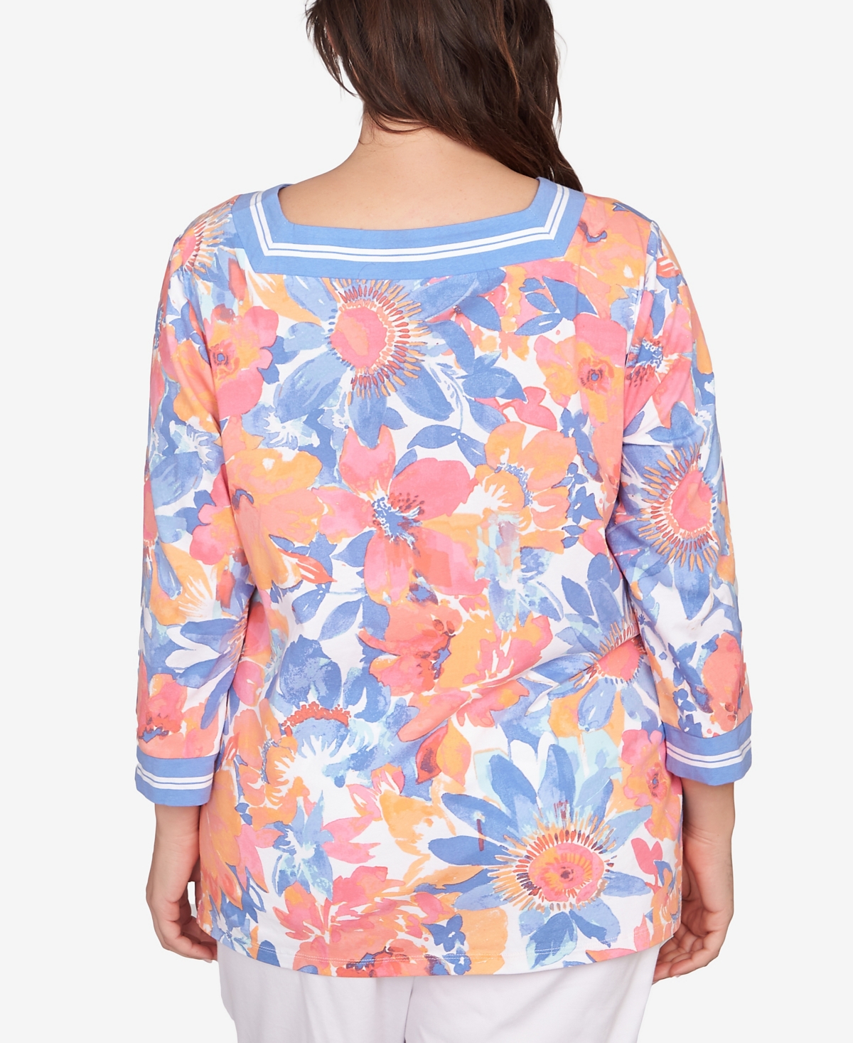 Ruby Rd. Plus Size Floral Striped Trim Top