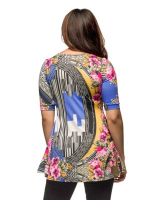 売れ筋商品|||２４セブンコンフォート カットソー トップス レディース Women's Multicolor Floral Print Elbow Sleeve V-Neck Henley Tunic Top Blue Multi 24seven Comfort Apparel Womens Multicolor Floral Print Elbow