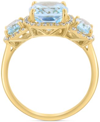 EFFY&reg; Sky Blue Topaz (4-1/4 ct. t.w.) & Diamond (1/4 ct. t.w.) Three Stone Halo Ring in 14k Gold