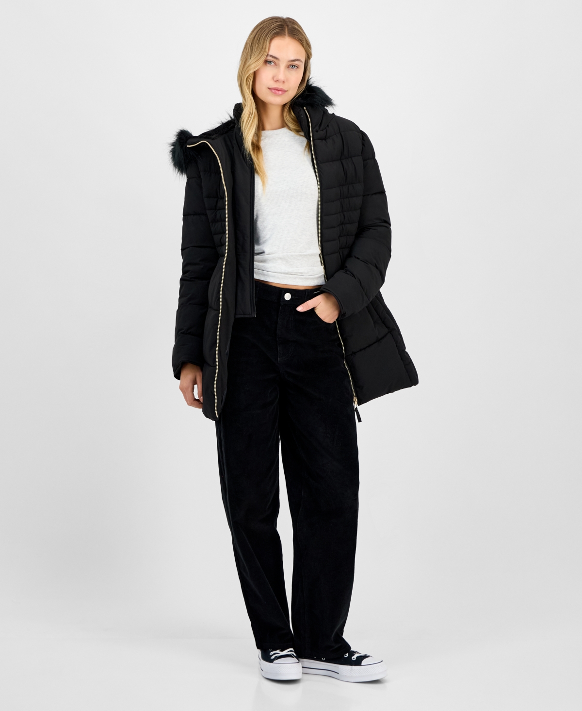 Maralyn & Me Juniors' Faux-fur Hooded Bibbed Puffer Coat In Black