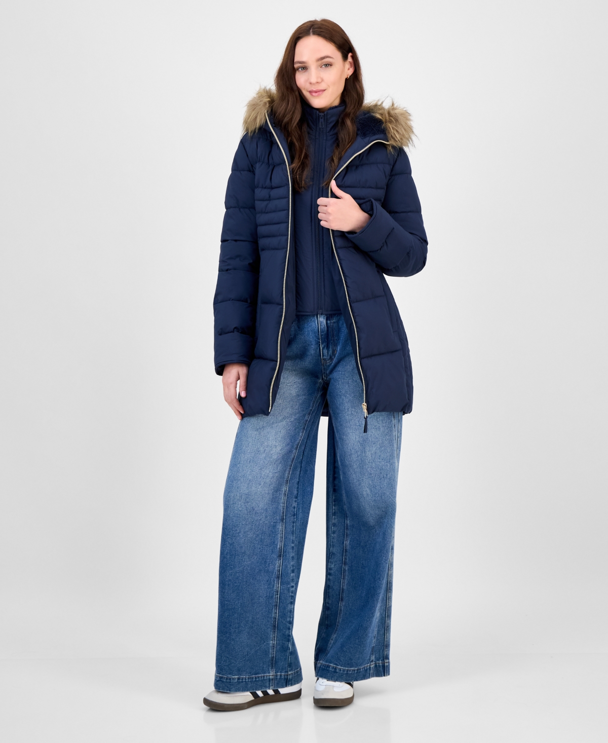 Maralyn & Me Juniors' Faux-fur Hooded Bibbed Puffer Coat In Blue