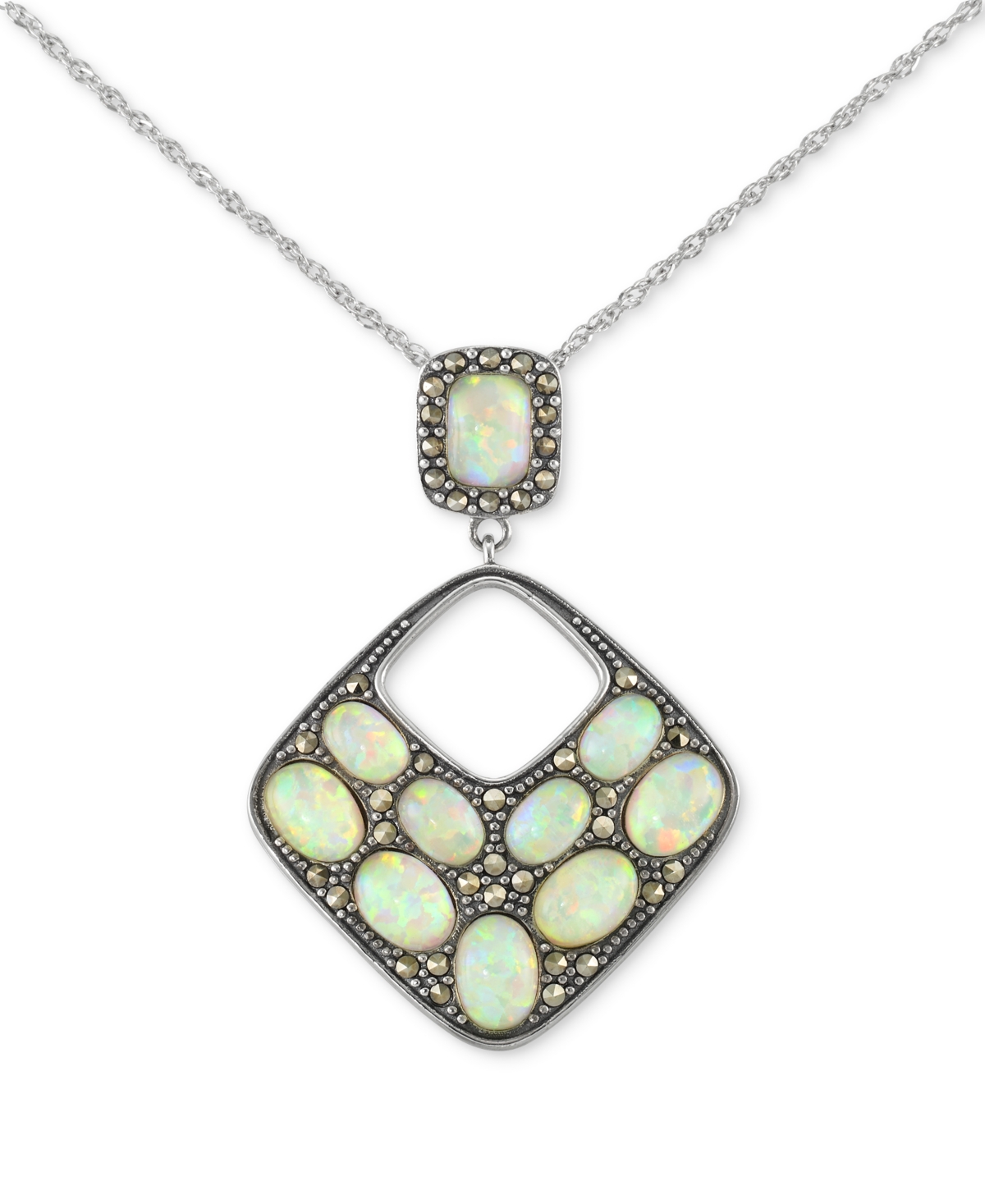 Mother of Pearl & Marcasite Square 18" Pendant Necklace in Sterling Silver - Sterling Silver