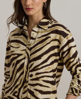 Women's Relaxed-Fit Zebra-Print Linen Shirt