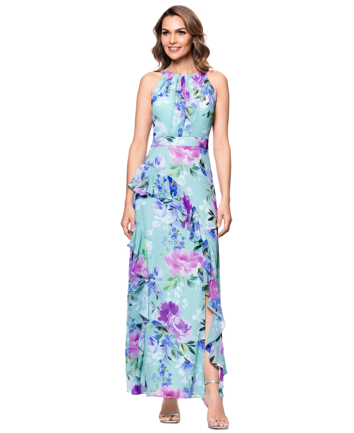 BETSY & ADAM BETSY & ADAM PETITE PRINTED HALTER-NECK RUFFLED SLEEVELESS GOWN 