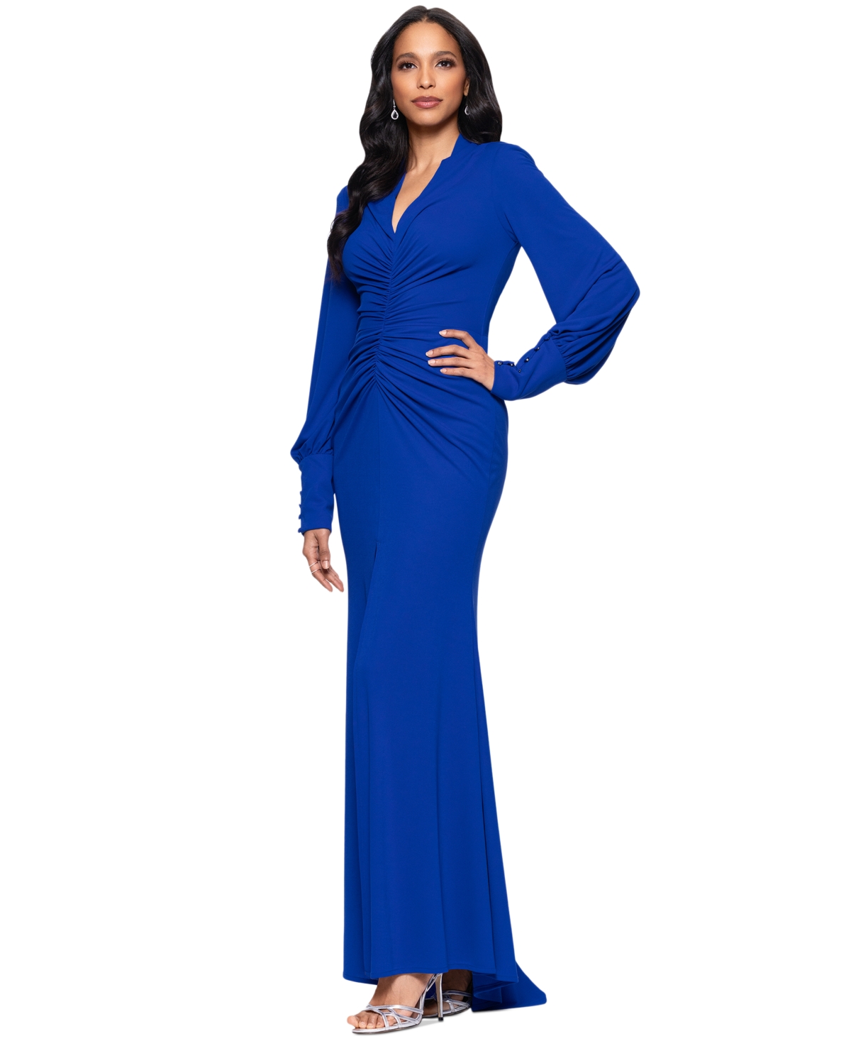 BETSY & ADAM PETITE LONG-SLEEVE RUCHED GOWN 