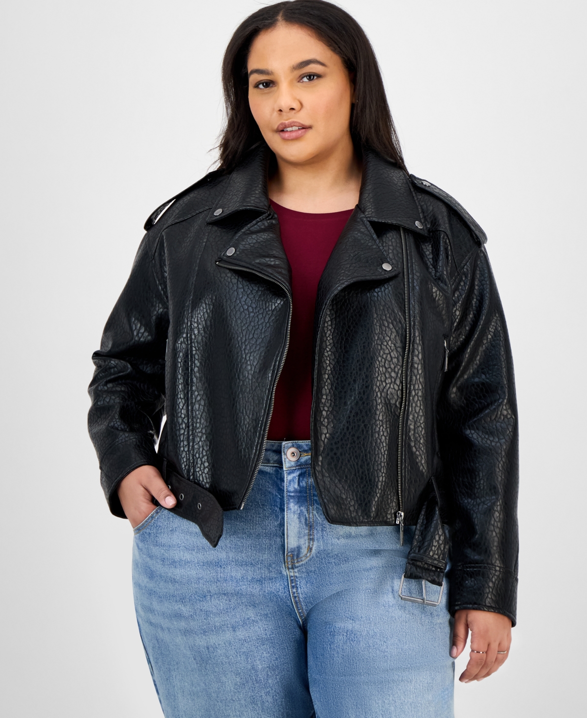 Jou Jou Trendy Plus Size Faux-leather Belted Jacket In Black