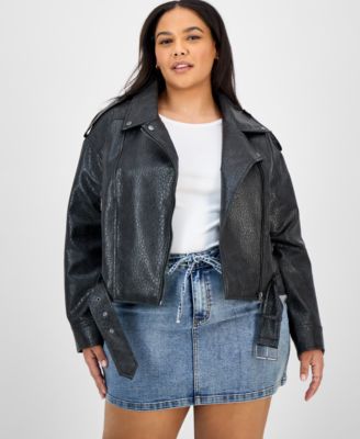 Jou Jou - Trendy Plus Size Faux-Leather Belted Jacket
