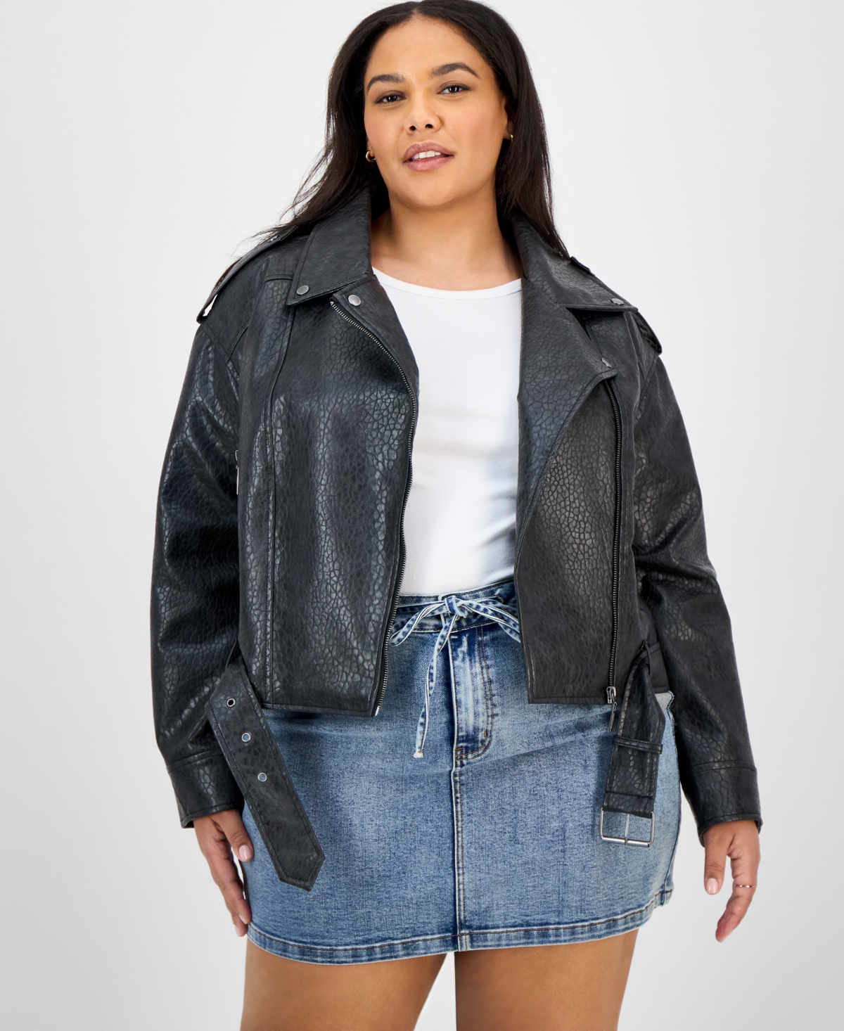 Jou Jou Trendy Plus Size Faux-leather Belted Jacket In Gray