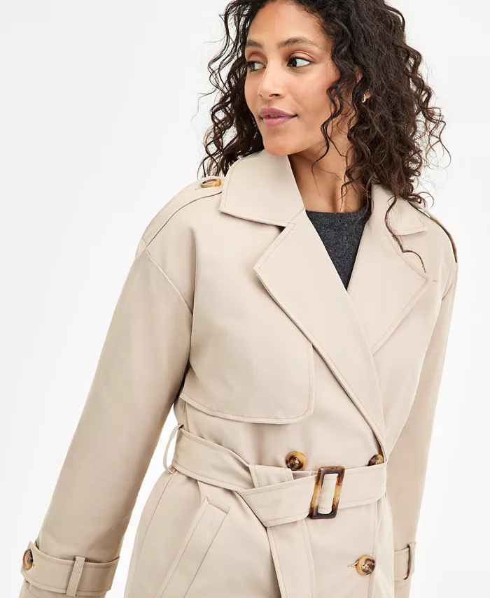 Juniors' Double-Breasted Belted Trench Coat - thumbnail 4