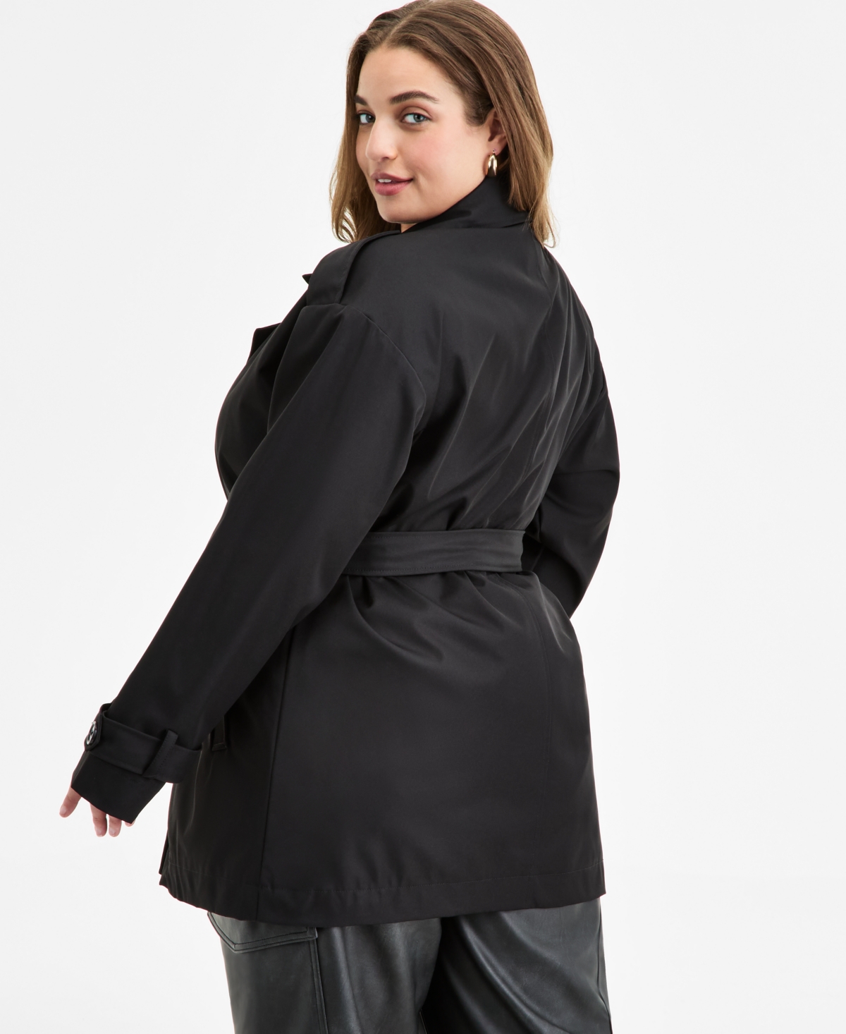 Jou Jou Trendy Plus Size Double-breasted Belted Trench Coat In Black