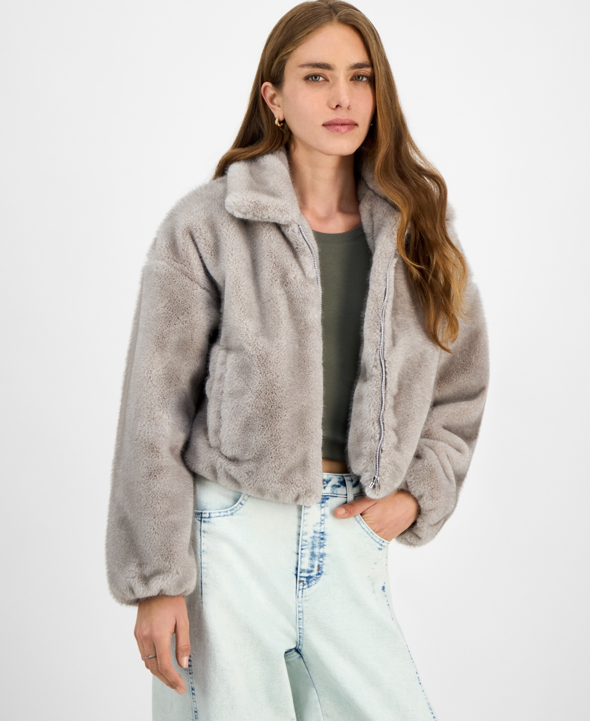 Jou Jou Juniors' Faux-fur Bomber Jacket In Gray