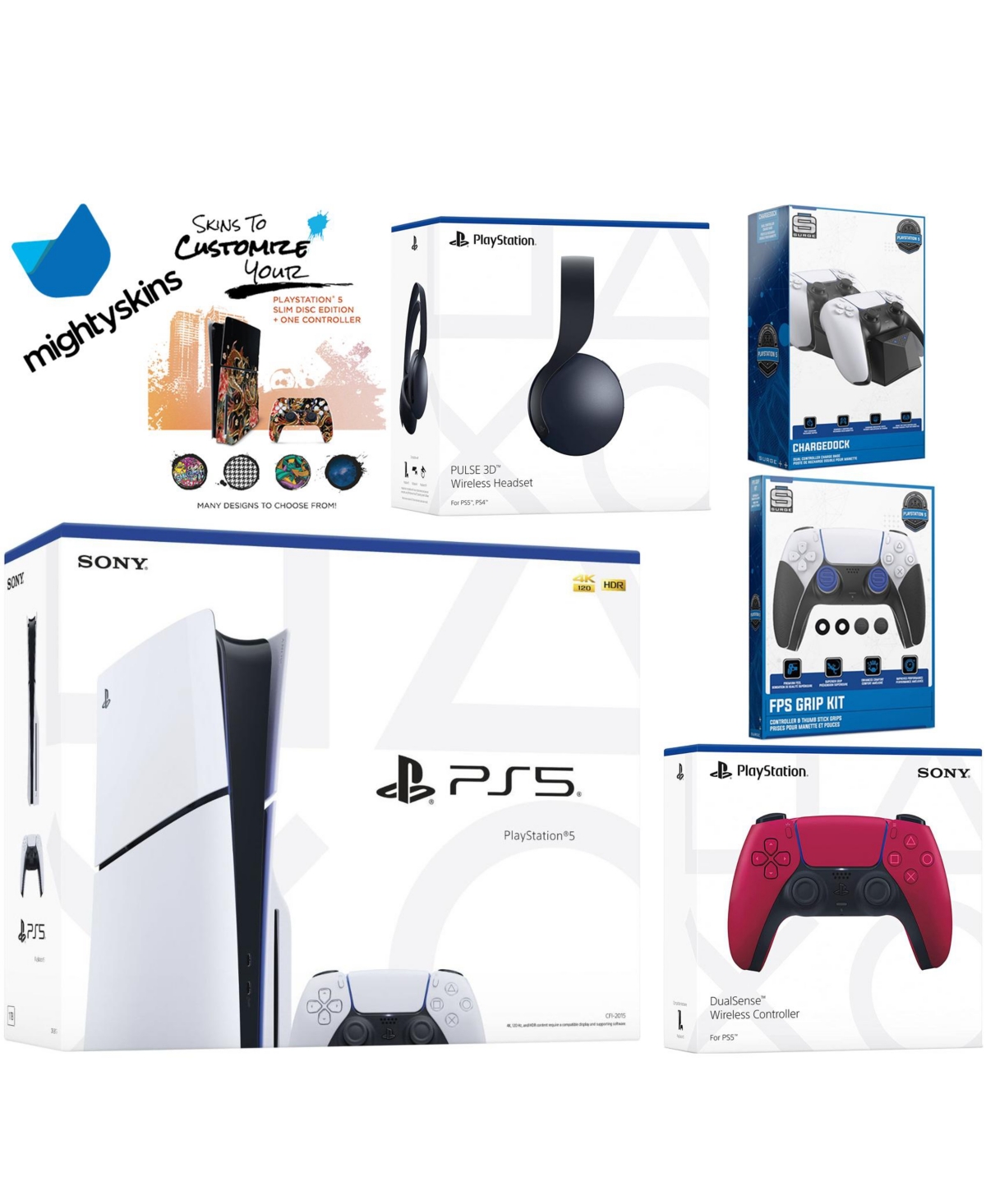 Sony Playstation 5 Slim Disc Bundle with Black Pulse Headset, Extra Cosmic Red Controller, Fps Grip Kit, Dual Charge Dock and MightySkins Decal Vouche