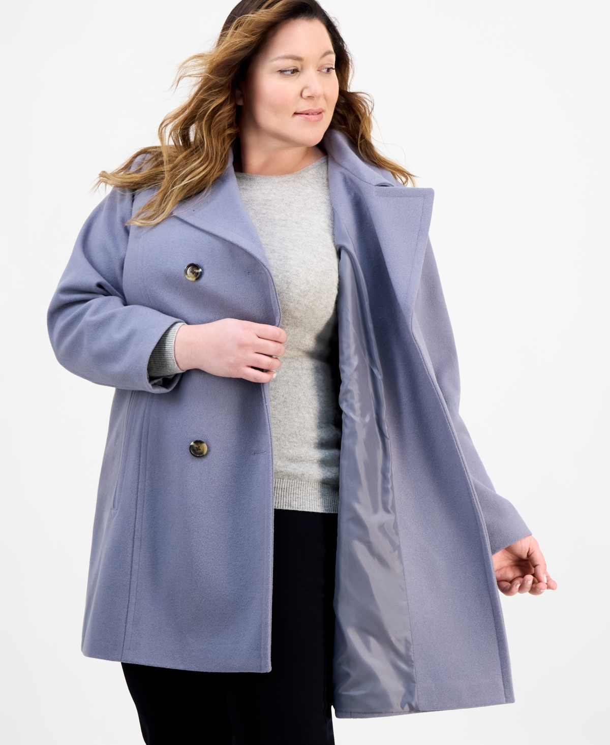 Anne Klein Plus Size Double-breasted Peacoat, Exclusively At Macy's In Purple