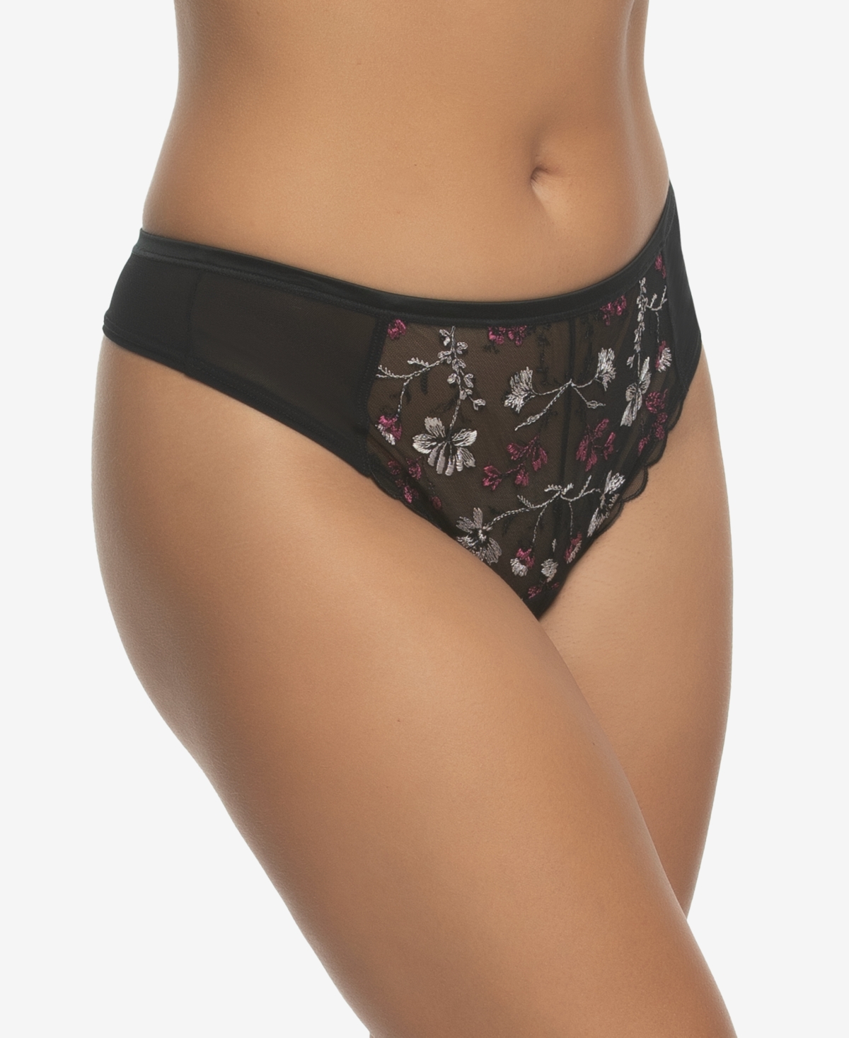 Paramour Women's Allure Embroidered Overlay Thong Panty In Black