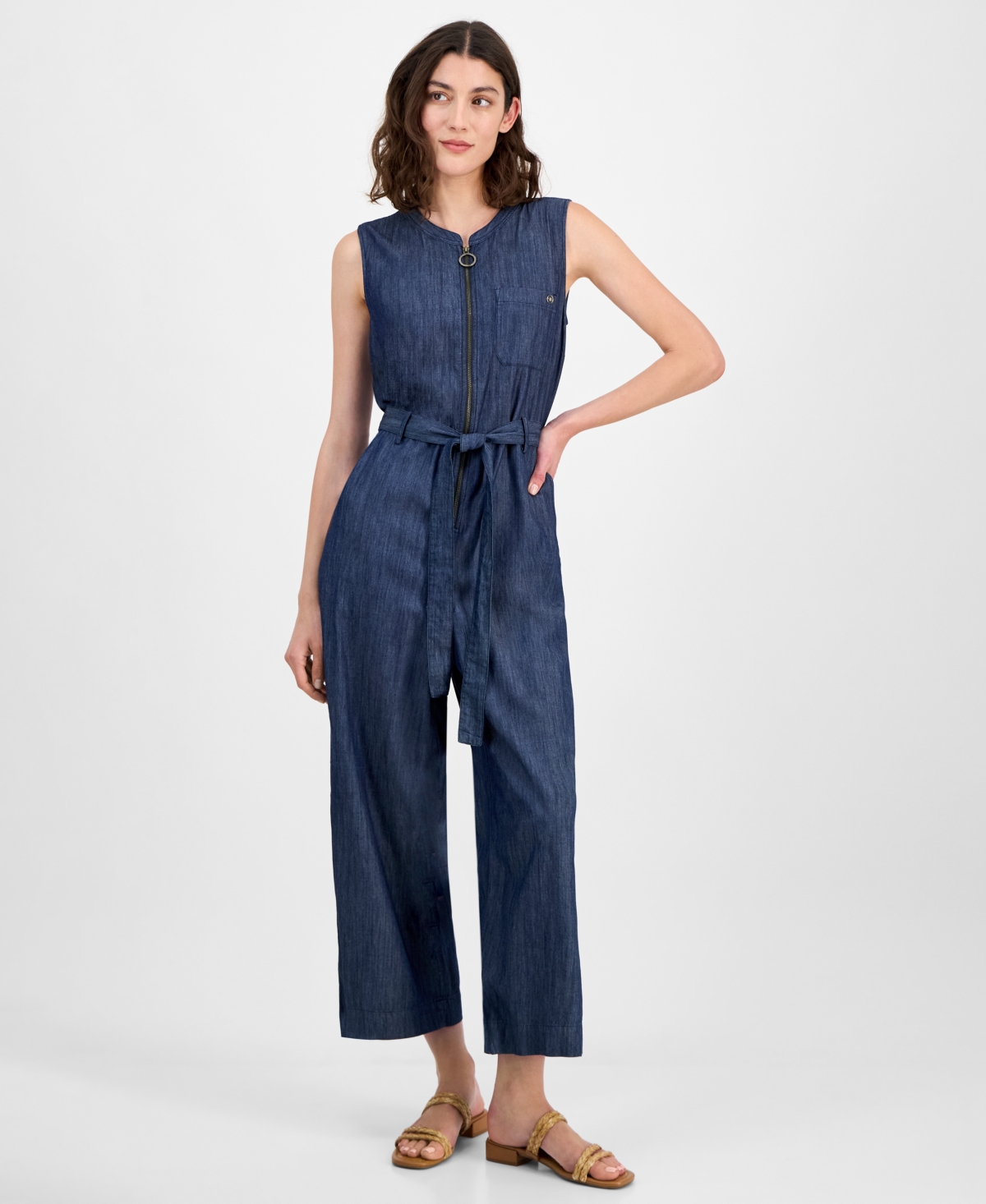 Women's Belted Zip-Front Jumpsuit - Dark Benson