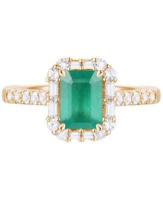 Emerald (1 ct. t.w.) & Diamond (3/8 ct. t.w.) Round & Baguette Halo Ring in 14k Gold (Also in Ruby & Sapphire)