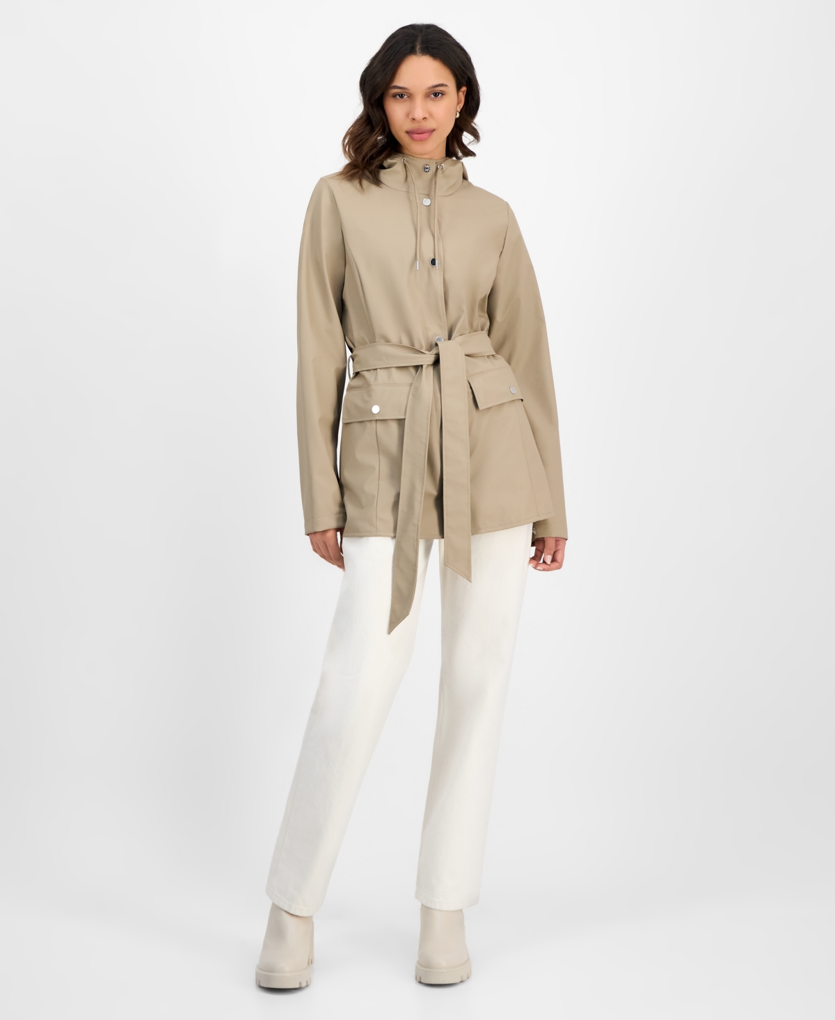Rains Women's Tie-waist Snap-front Hooded Rain Coat In Sand