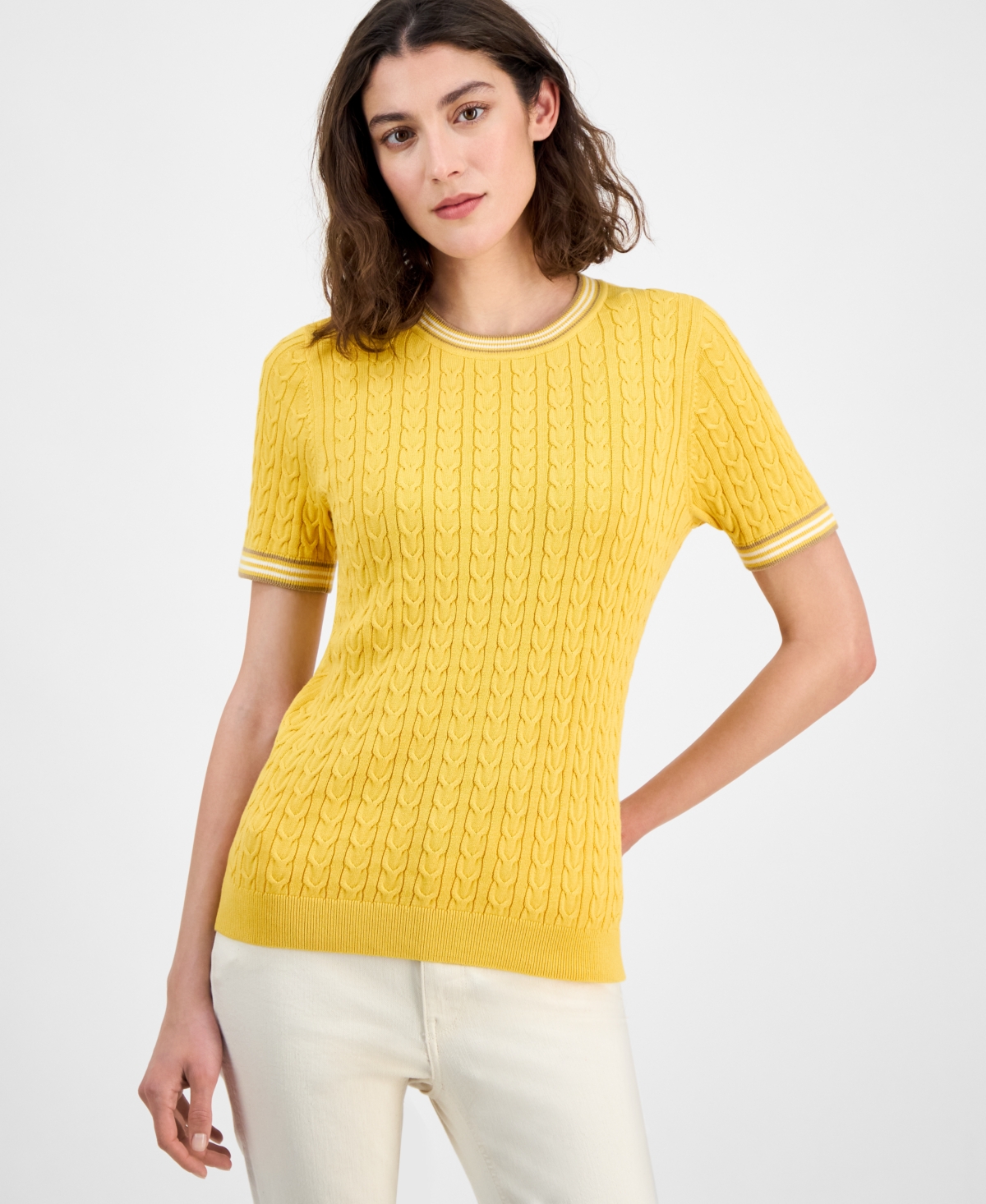 Women's Tipped Short-Sleeve Sweater - Ivory