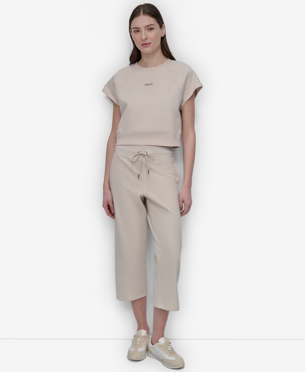 Dkny Women's Mini Stud Logo Short Sleeve Cropped Top In Neutral