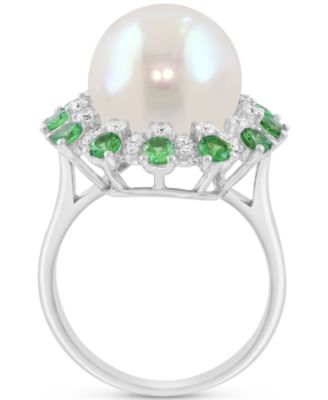 EFFY&reg; Cultured Freshwater Pearl (11mm), Green & White Diamond (1-1/5 ct. t.w.) Statement Ring in 14k White Gold