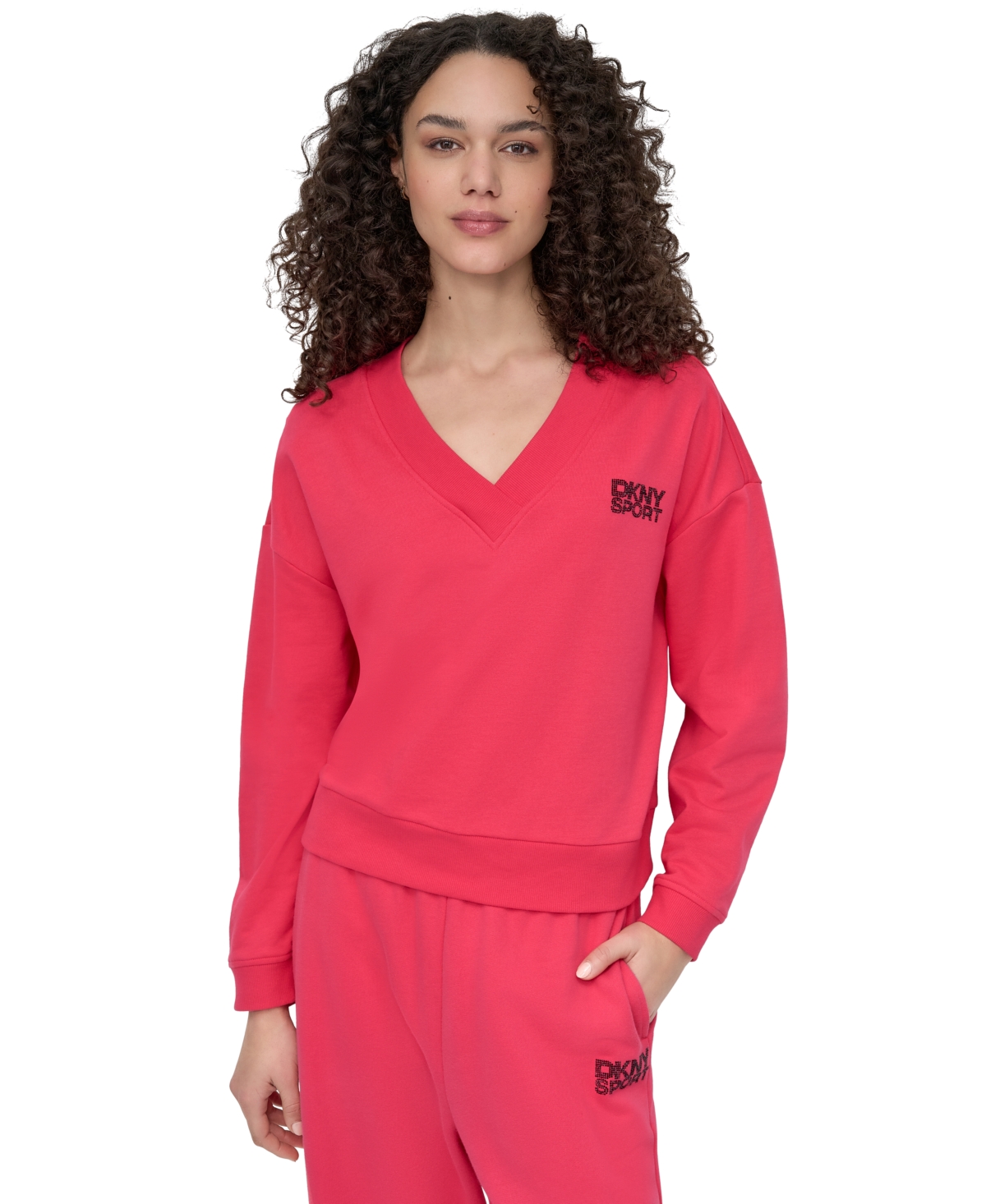 Dkny Sport Women's Rhinestone-logo V-neck Pullover Top