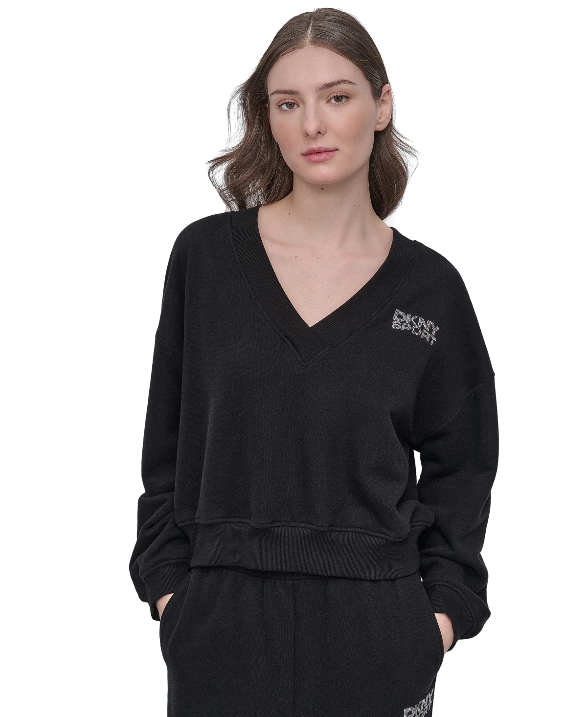 Dkny Sport Women's Rhinestone-logo V-neck Pullover Top In Black