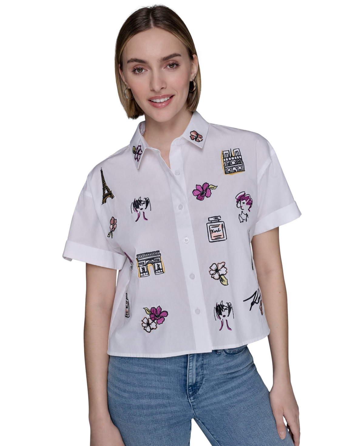 Women's Cotton Embroidered Camp Shirt - White