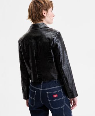 Juniors' Croc-Embossed Faux-Leather Barn Jacket