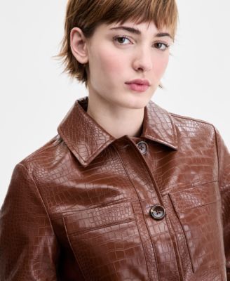 Juniors' Croc-Embossed Faux-Leather Barn Jacket